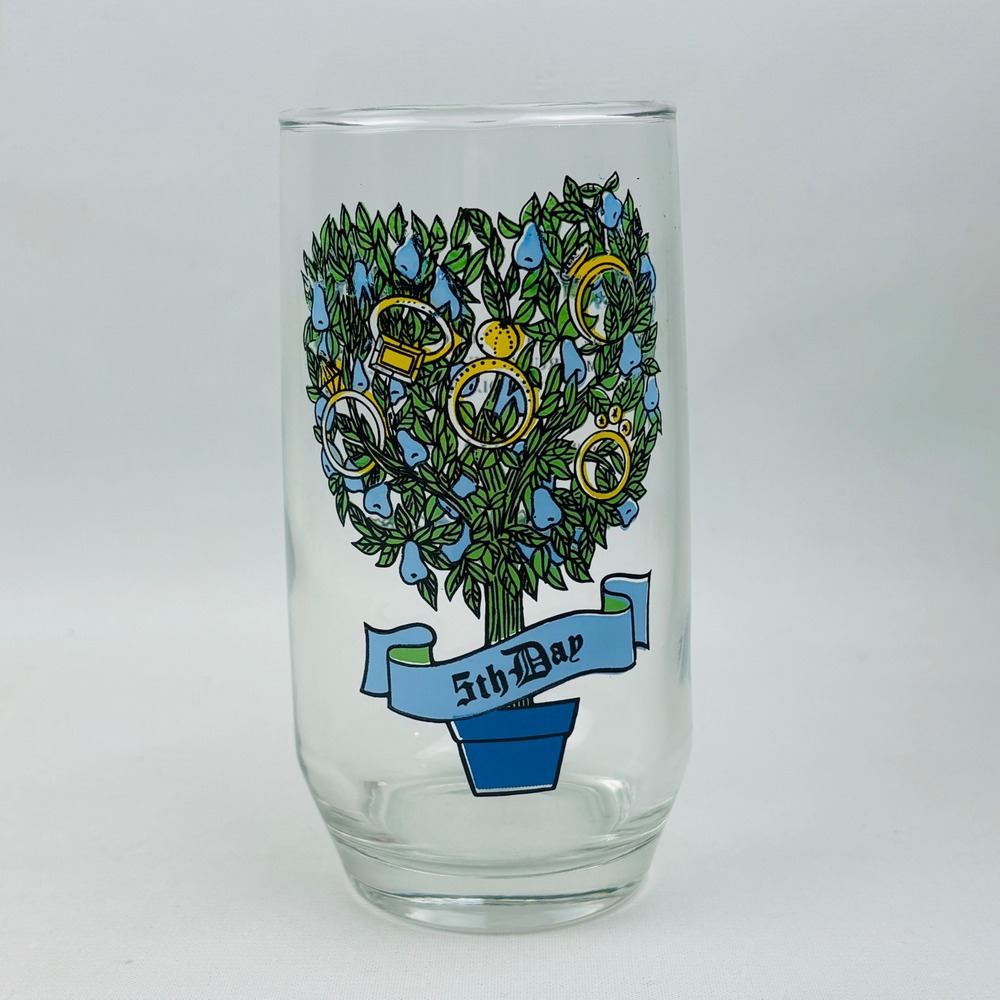 Vintage 12 Days of Christmas 5th Day Five Gold Rings Drinking Glass Tumbler